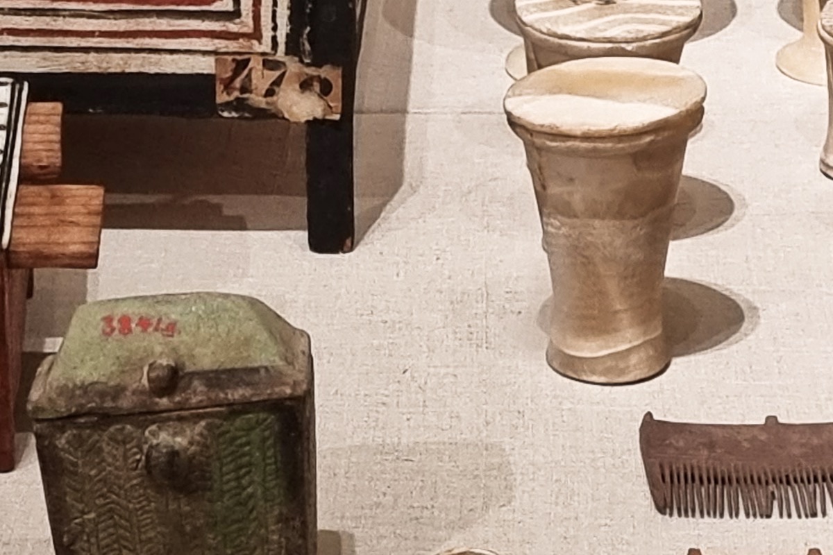 Ancient Egyptian cosmetic objects displayed at the National Museum of Egyptian Civilization