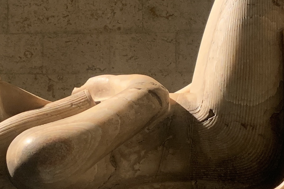 Close view of the double statue of Sobek and Amenhotep III in Luxor Museum